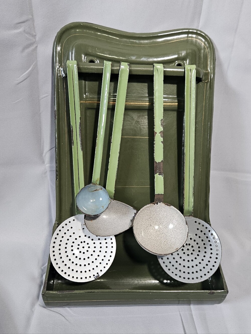 Vintage French Cottage Farm Green White Enamelware Kitchen Wall Rack & Utensils